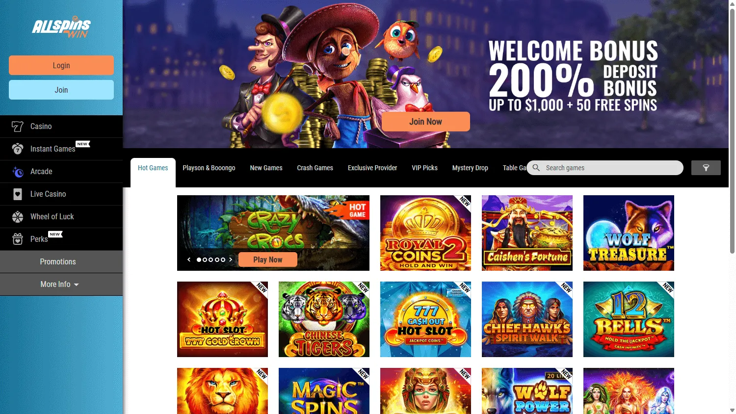 All Spins Win Casino desktop home screen for Australian players