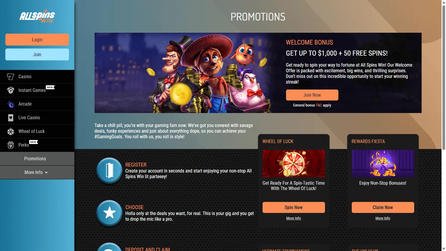 All Spins Win Casino desktop promotions screen with welcome and ongoing offers