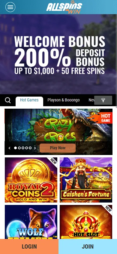 All Spins Win Casino mobile home screen in an Android or iOS browser