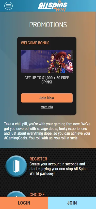 All Spins Win Casino mobile promotions screen with bonus and free-spin offers